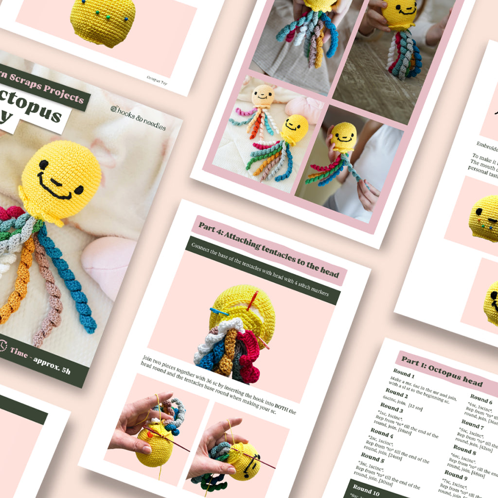 A flat lay of Octopus Toy Crochet Pattern sheets with step-by-step instructions, photos, and diagrams—ideal for beginners or anyone looking to use up yarn scraps in a creative crochet project.