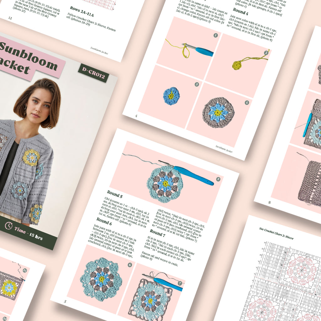 The Sunbloom Jacket Crochet Pattern booklet includes instructions, diagrams, and photos to create a beautiful floral motif cardigan, designed for organic cotton yarn.