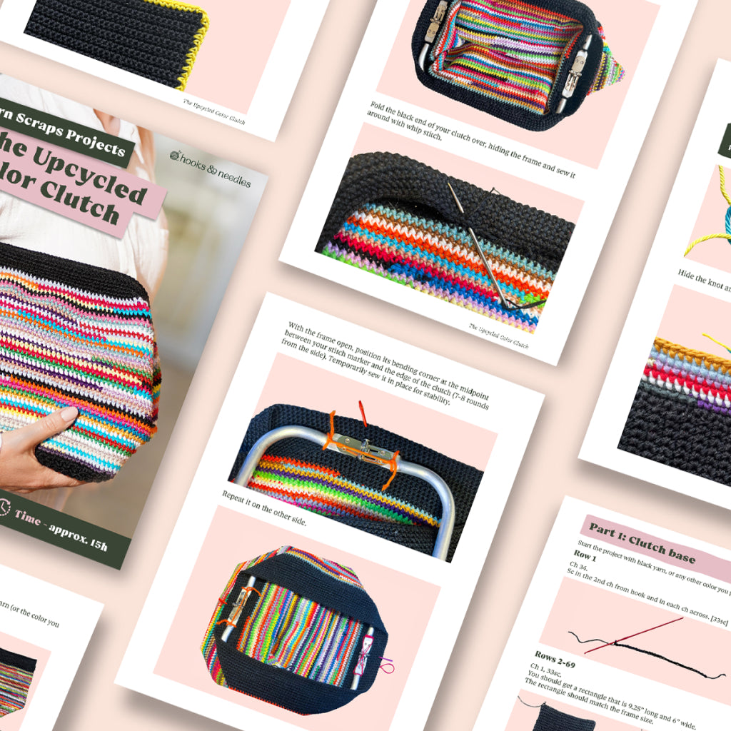 A flat lay of the Upcycled Color Clutch Crochet Pattern, showing printed instructions to make a colorful clutch from yarn scraps, with step-by-step photos and diagrams on a pale pink background.