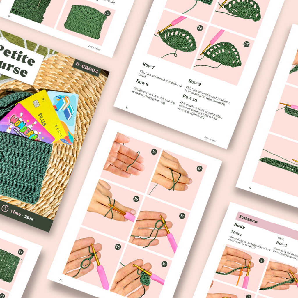 A flat lay of the Petite Purse Crochet Pattern, featuring beginner-friendly pages with step-by-step photo instructions and images of finished purses.