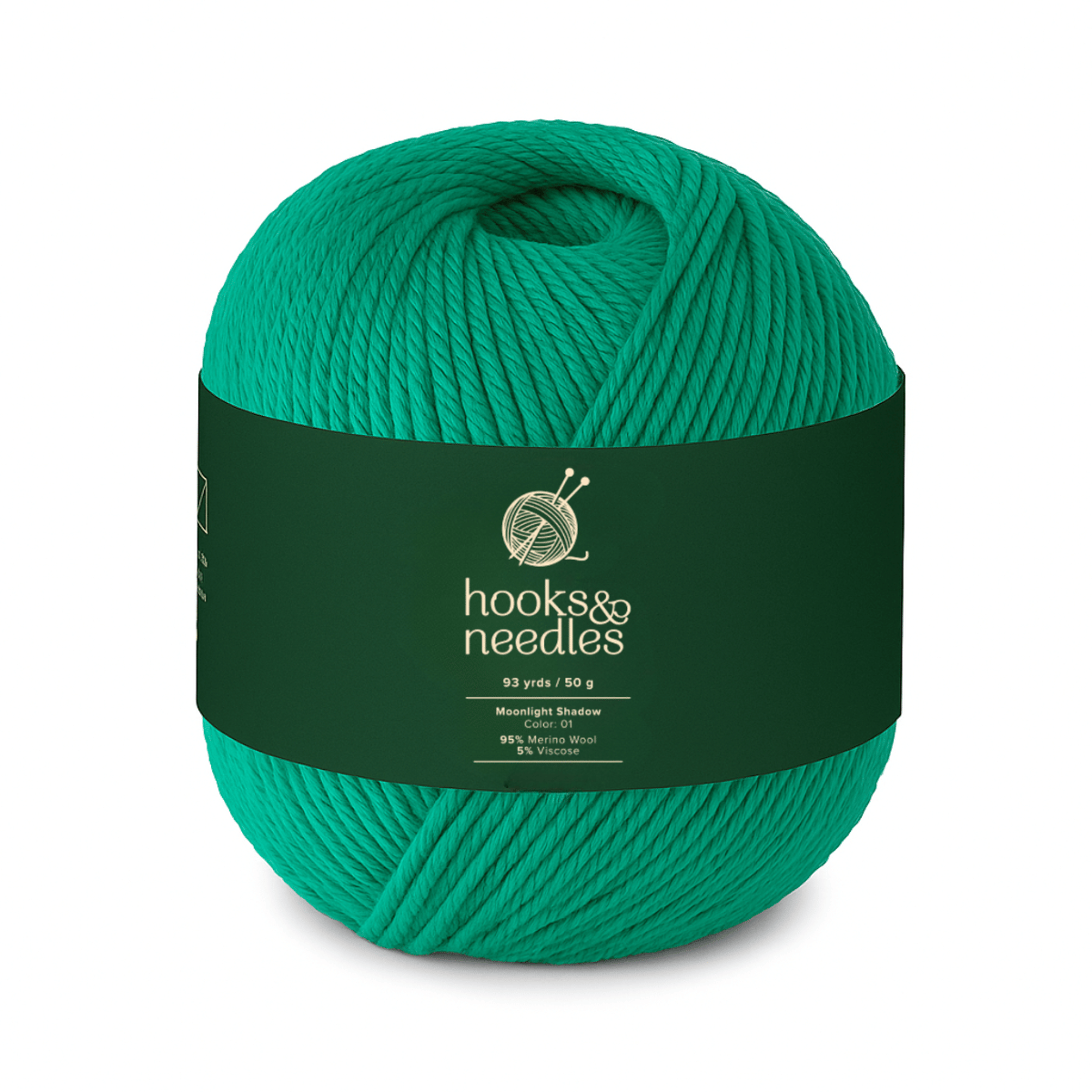 Moonlight Shadow is a 50g ball of bright green, medium-weight yarn (mostly cotton, 93 yards) labeled "hooks & needles," featuring knitting needles on the label—perfect for crafting elegant scarves.