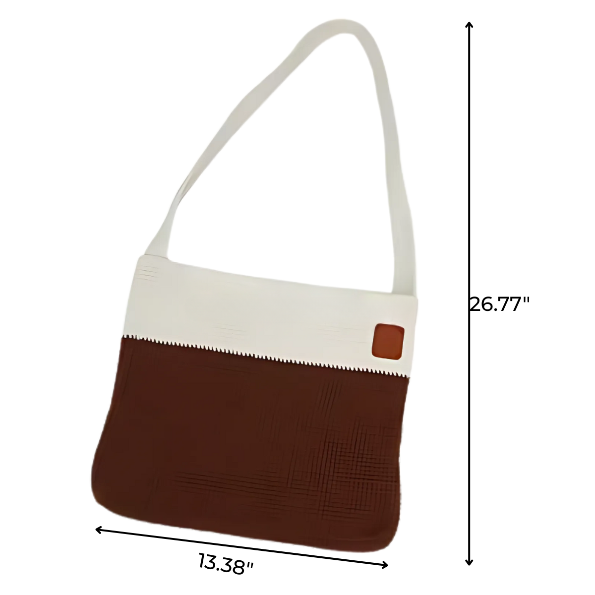 The Modern Crochet Tote Bag Kit features a two-toned design with a brown base and white top, crafted from cotton yarn and measuring 13.38" wide by 26.77" tall including the strap.