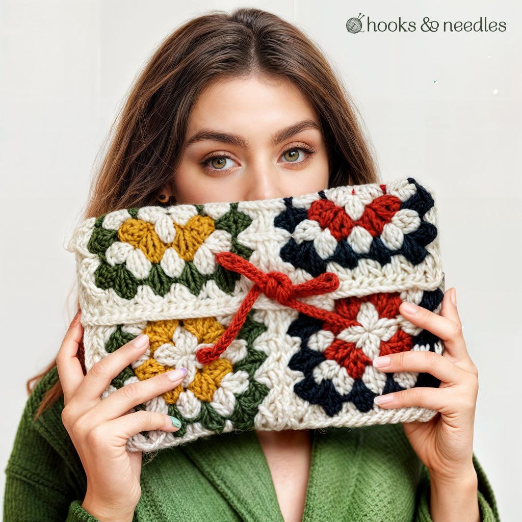 A woman in a green sweater holds the Cleo Clutch Crochet Pattern, showing off its vibrant granny square design while partially covering her face. The hooks & needles logo appears in the top right corner.