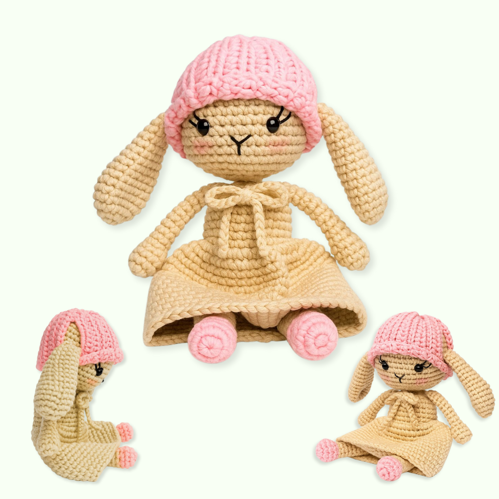 The Snuggle Squad - 10 Adorable Crochet PDF Patterns: features a crocheted amigurumi bunny with pink hat, beige body, and pink feet, shown in three cute seated poses against a plain light background.