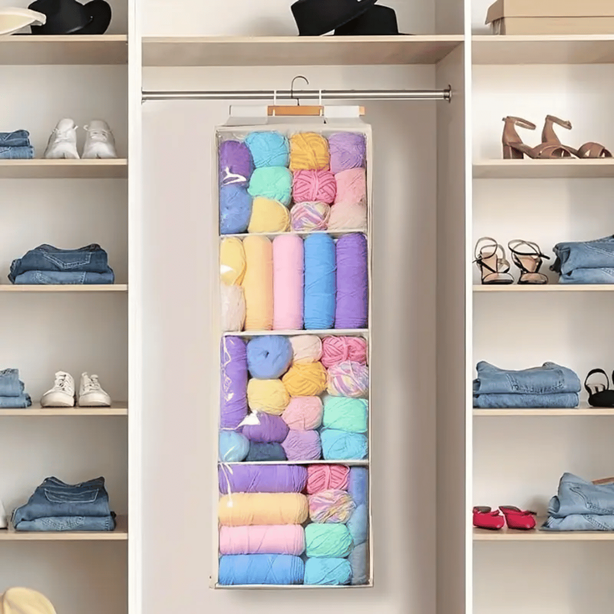 A closet with shelves holding neatly folded clothes, shoes, and hats, featuring a Hanging Yarn Storage Organizer in the center to store colorful yarn.