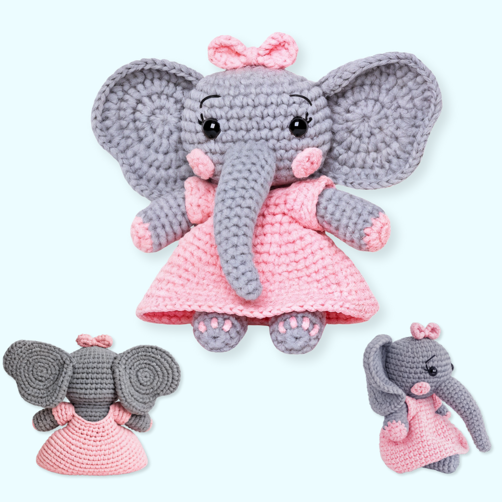 A crocheted gray elephant, made from The Snuggle Squad - 10 Adorable Crochet PDF Patterns, wears a pink dress and bow, shown from front, back, and side against a light blue background.
