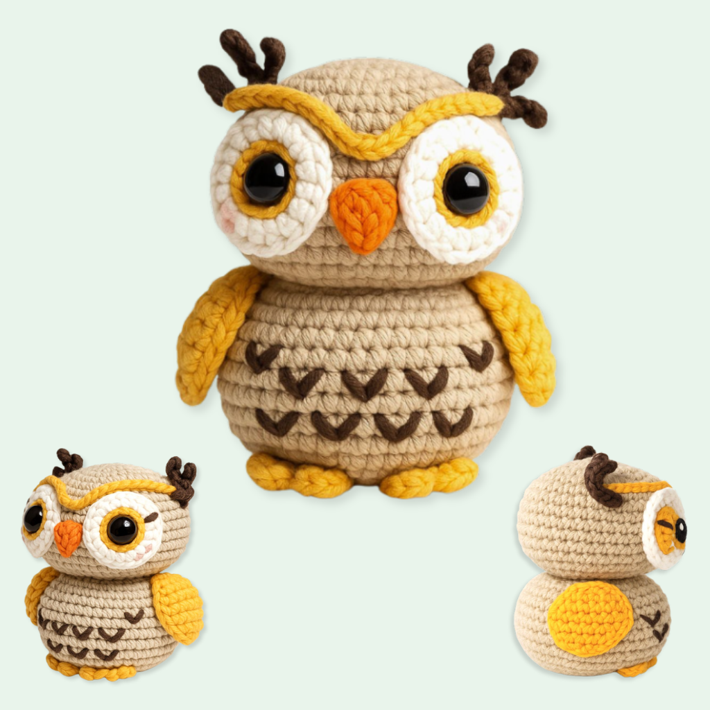 A crocheted owl plush with large eyes, yellow wings, and brown accents is displayed from all angles on a light background. This cute amigurumi is one of 10 patterns in The Snuggle Squad - 10 Adorable Crochet PDF Patterns set.