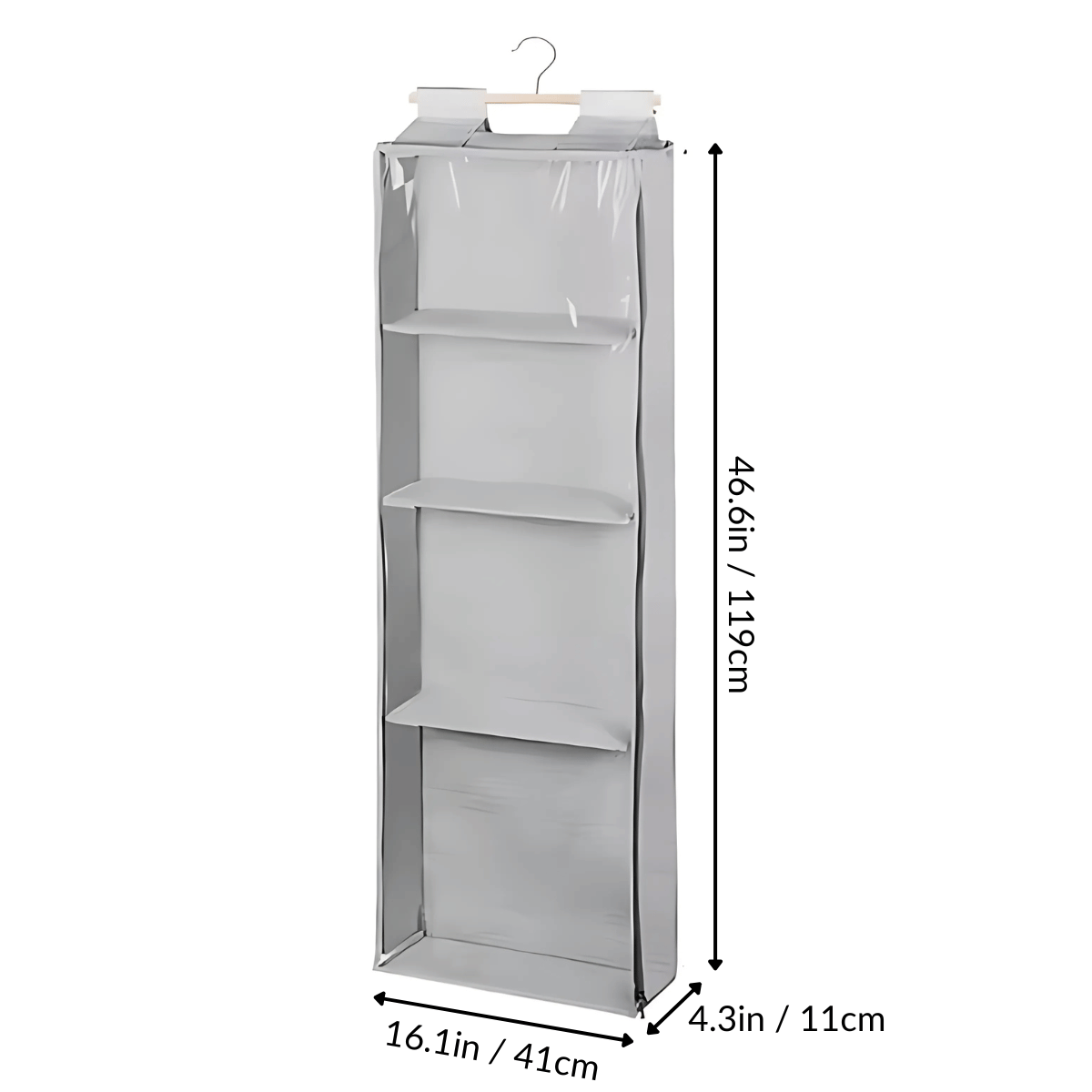 The Hanging Yarn Storage Organizer features four gray shelves, measuring 46.9” (119 cm) tall, 16.1” (41 cm) wide, and 4.3” (11 cm) deep—perfect as a yarn organizer for closet storage.