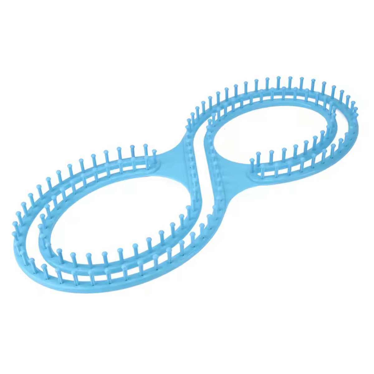 The Knitting Loom for Blankets and Scarves is a beginner-friendly blue plastic figure-eight loom with evenly spaced pegs around both oval sections, perfect for crafting cozy blankets.