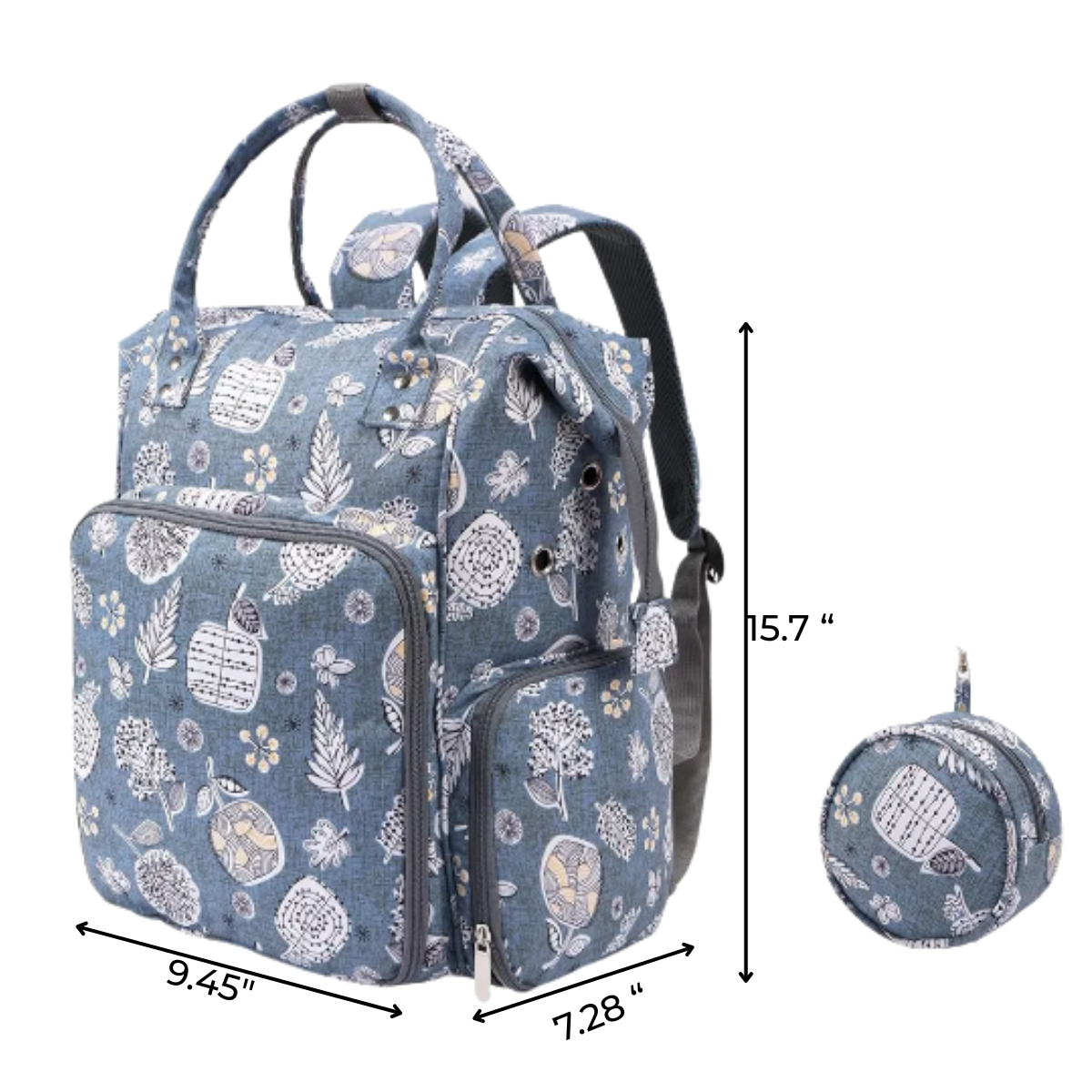 The Oxford Serenity Luxe Bag - Yarn Organizer features blue floral print, front and side pockets, a matching round pouch, and measures 15.7"H x 9.45"W x 7.28"D—ideal for crafters as a stylish knitting bag or yarn organizer on the go.
