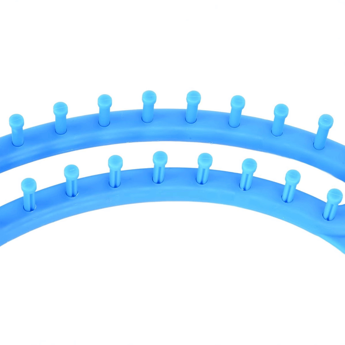 Close-up of the Knitting Loom for Blankets and Scarves featuring two blue looms with evenly spaced pegs in a curved pattern—ideal for beginners or crafting cozy blankets and scarves.