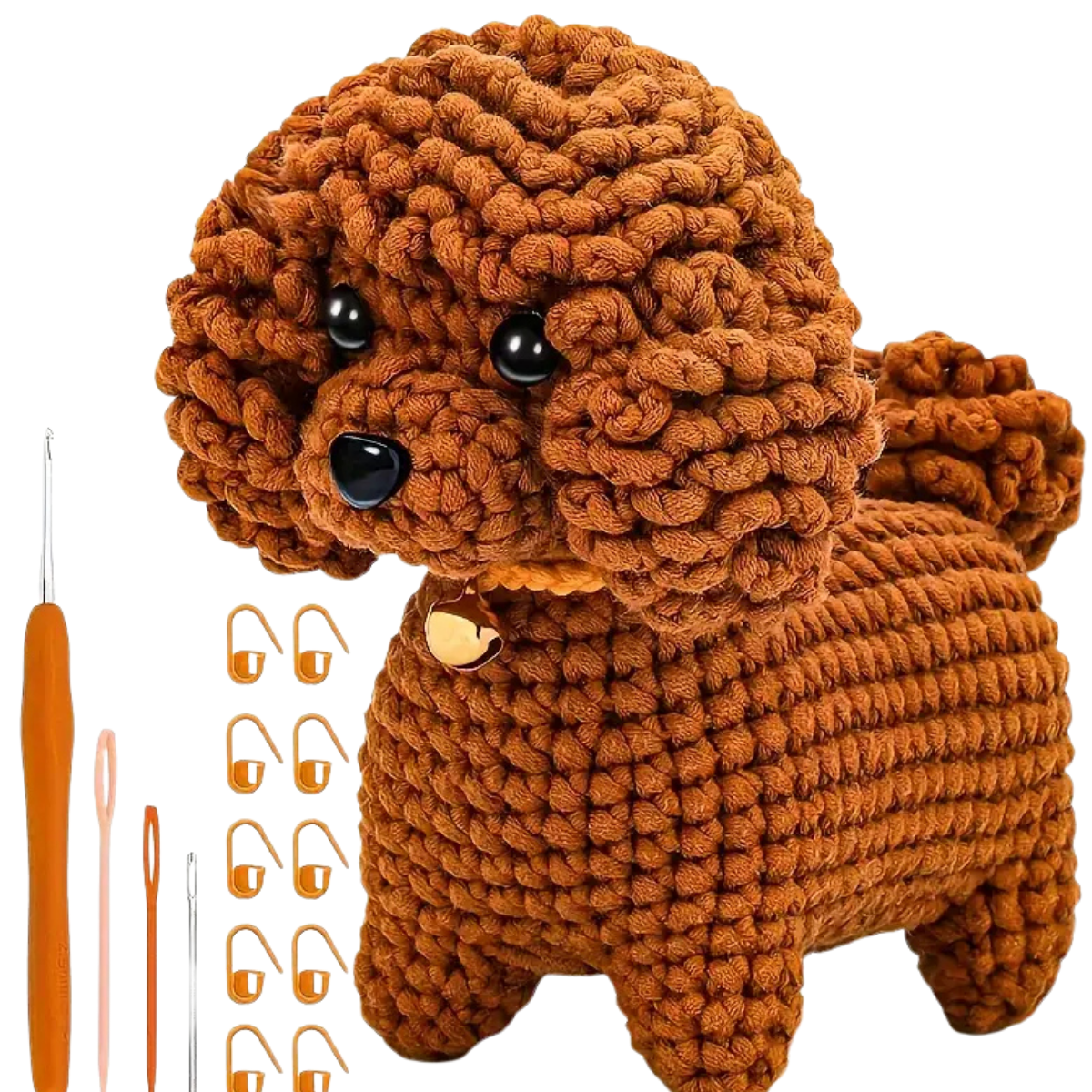The Crochet Poodle Kit includes all you need—hooks, stitch markers, yarn needle—to create a cute brown poodle plush with black eyes and nose, perfect for beginners or anyone wanting to craft a charming handmade dog toy.