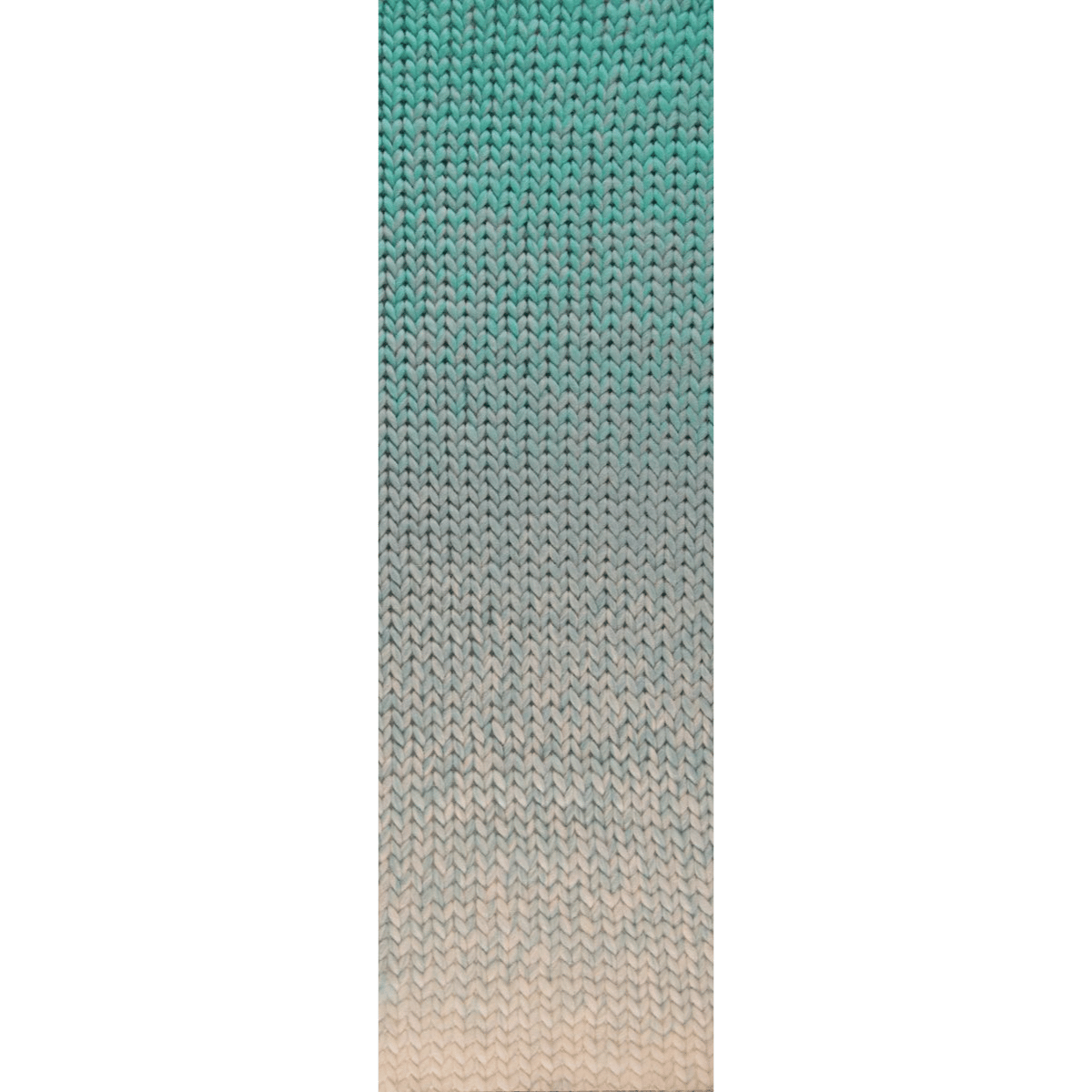 A close-up of the Shifting Hues knitted fabric, showcasing a gradient from teal to beige, crafted from mulesing-free wool for luxurious warmth.