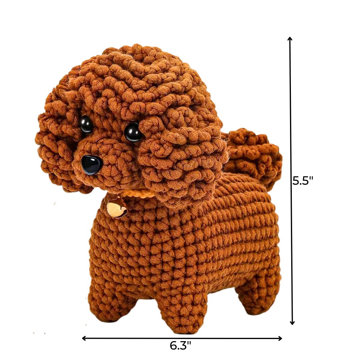 The Crochet Poodle Kit includes materials to make a brown, fluffy 5.5-inch-tall, 6.3-inch-long poodle plush with black eyes and a gold tag—a cute handmade gift or addition to your beginner crochet kit collection.
