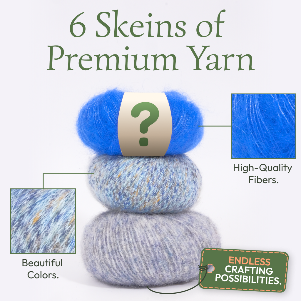 Four skeins from the Mystery Yarn Bundle in blue and gray are stacked, displaying their texture and color. The labels highlight a balanced fiber blend, premium quality, and limitless crafting options.