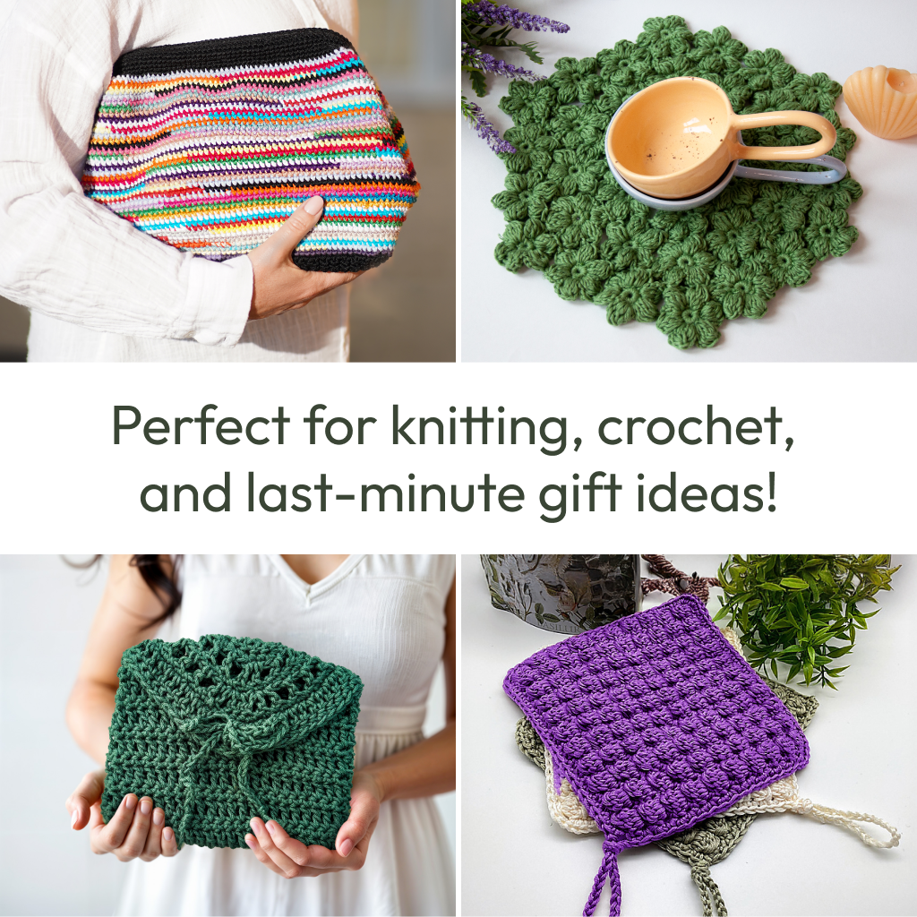 A collage of crocheted items—striped pouch, green mug mat, green gift bag, purple dishcloth—highlights the Mystery Yarn Bundle for knitters and crocheters seeking gift ideas and endless inspiration.