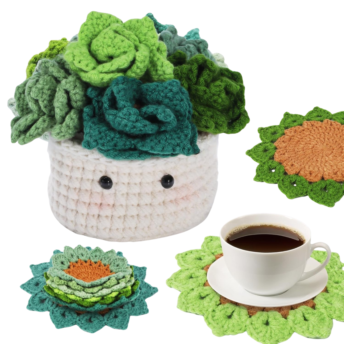 The Plant Pot Crochet Kit with Coasters features green and brown floral coasters, shown with coffee and a blushing, face-shaped basket—perfect handmade decor for cozy spaces.