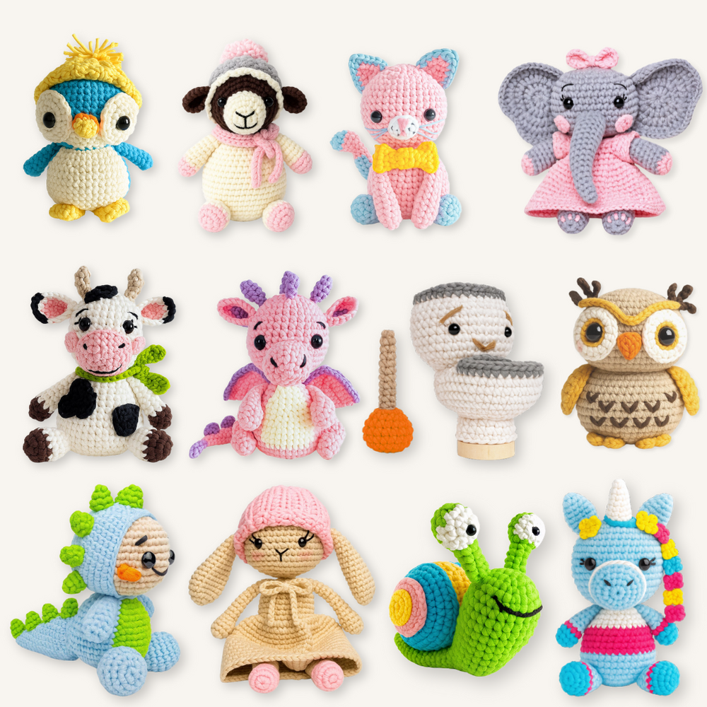 The Snuggle Squad offers 10 adorable crochet PDF patterns featuring cute animals like penguins, cats, dragons, and unicornsāperfect for anyone who loves unique amigurumi toys or collectible crochet animal patterns.