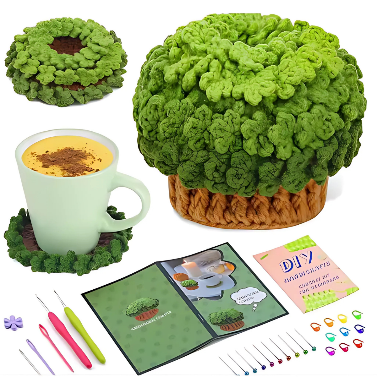 The Plant Crochet Coaster Kit includes green wool yarn to make a broccoli-shaped coaster, crochet hooks, stitch markers, an instruction booklet, and sample finished coasters for inspiration.