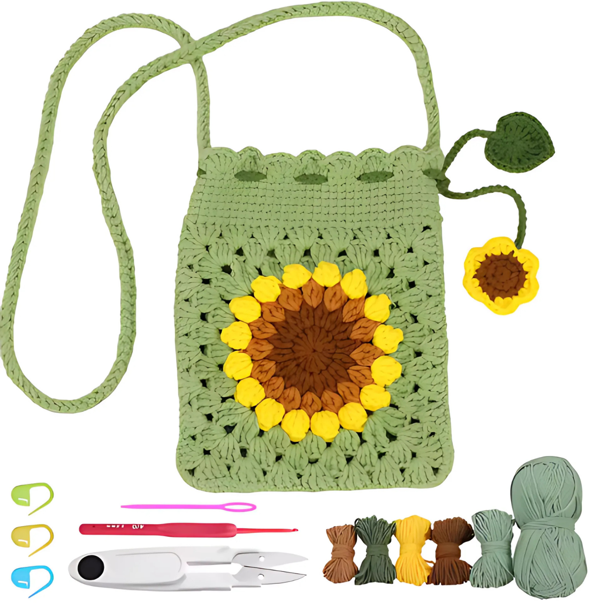 The Crochet Bag Kit features a sunflower-patterned bag with a braided strap and floral detail, plus yarn, crochet hooks, stitch markers, and scissors—an ideal kit for crafting your own charming sunflower bag.