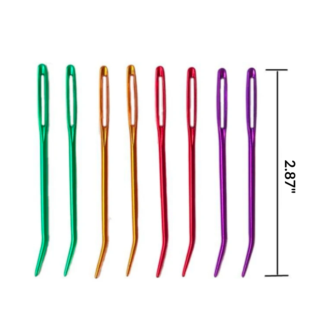 The Bent Aluminum Tapestry Needles 8pcs set features eight vertically aligned needles in vibrant green, orange, red, and purple colors, each measuring 2.87 inches in length. These colorful tapestry tools are perfect for crochet enthusiasts looking to enhance their crafting kit.