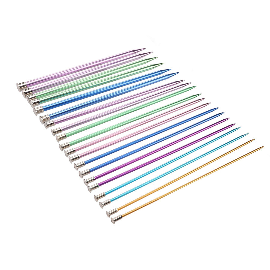 The (Test) 20 Pcs Aluminum Knitting Needle Set is arranged in parallel rows on a white background, highlighting their vibrant and sleek surfaces.