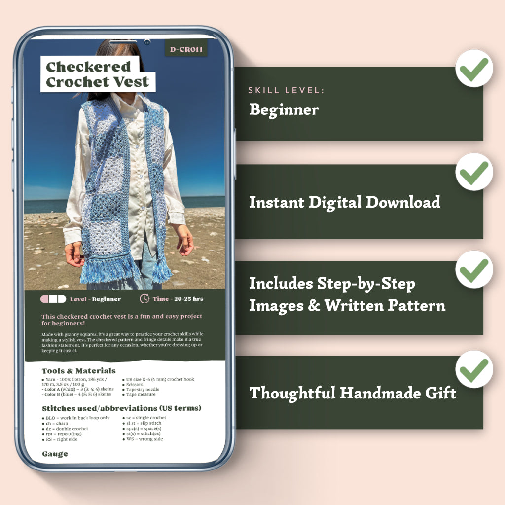 A phone displays the Checkered Vest Crochet Pattern made from granny squares. Text with green check marks highlights: beginner-friendly, instant download, step-by-step instructions, and gift idea.