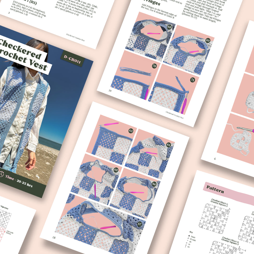 Instructional pages from the Checkered Vest Crochet Pattern are displayed on a light background, featuring step-by-step image guides and diagrams for making this beginner-friendly Granny Square crochet vest.