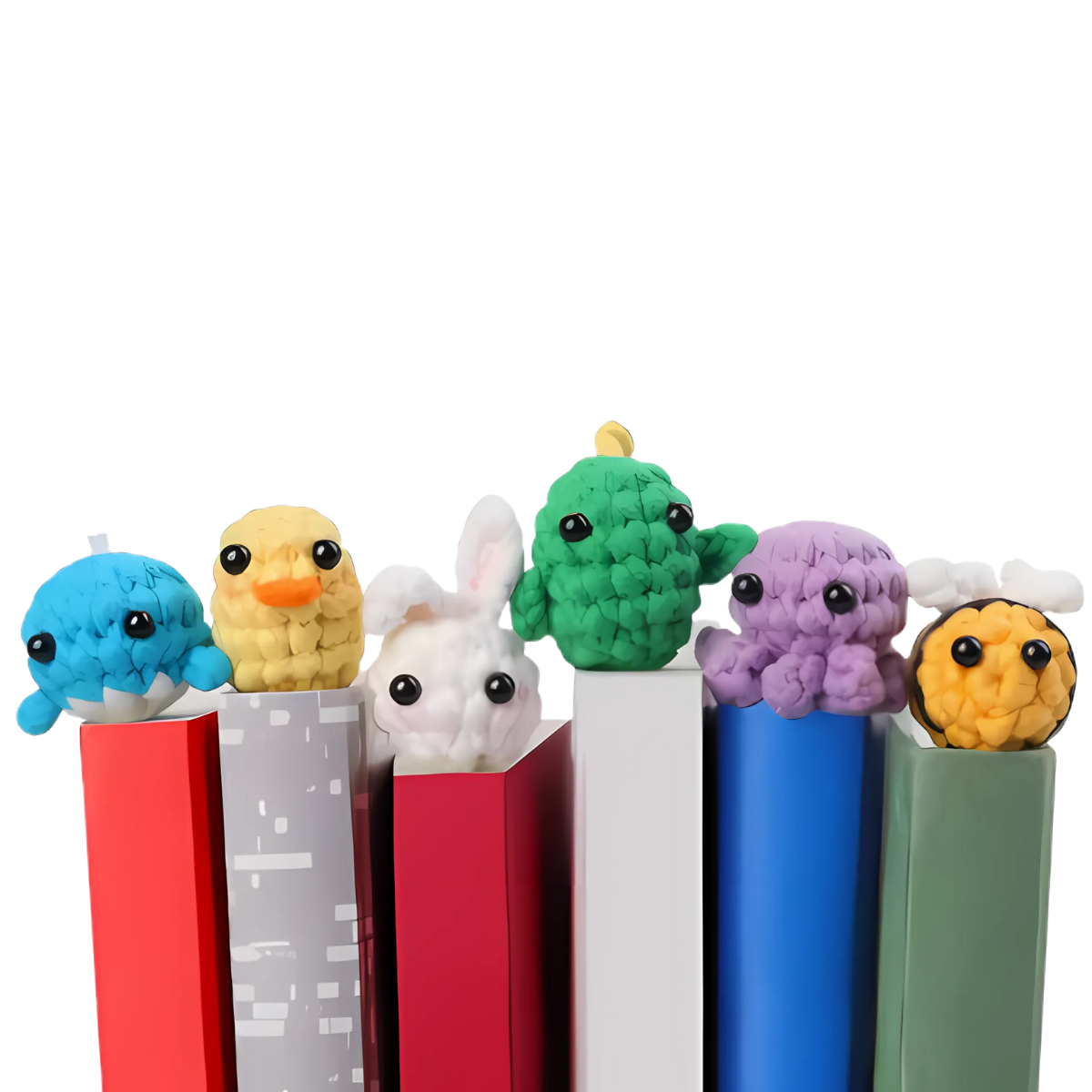 The Cute Animal Crochet Bookmark Kit features six plush bookmarks—a whale, duck, rabbit, turtle, octopus, and bee—each with large eyes. These adorable bookmarks are ideal for DIY crochet projects or as part of a crochet bookmark kit.