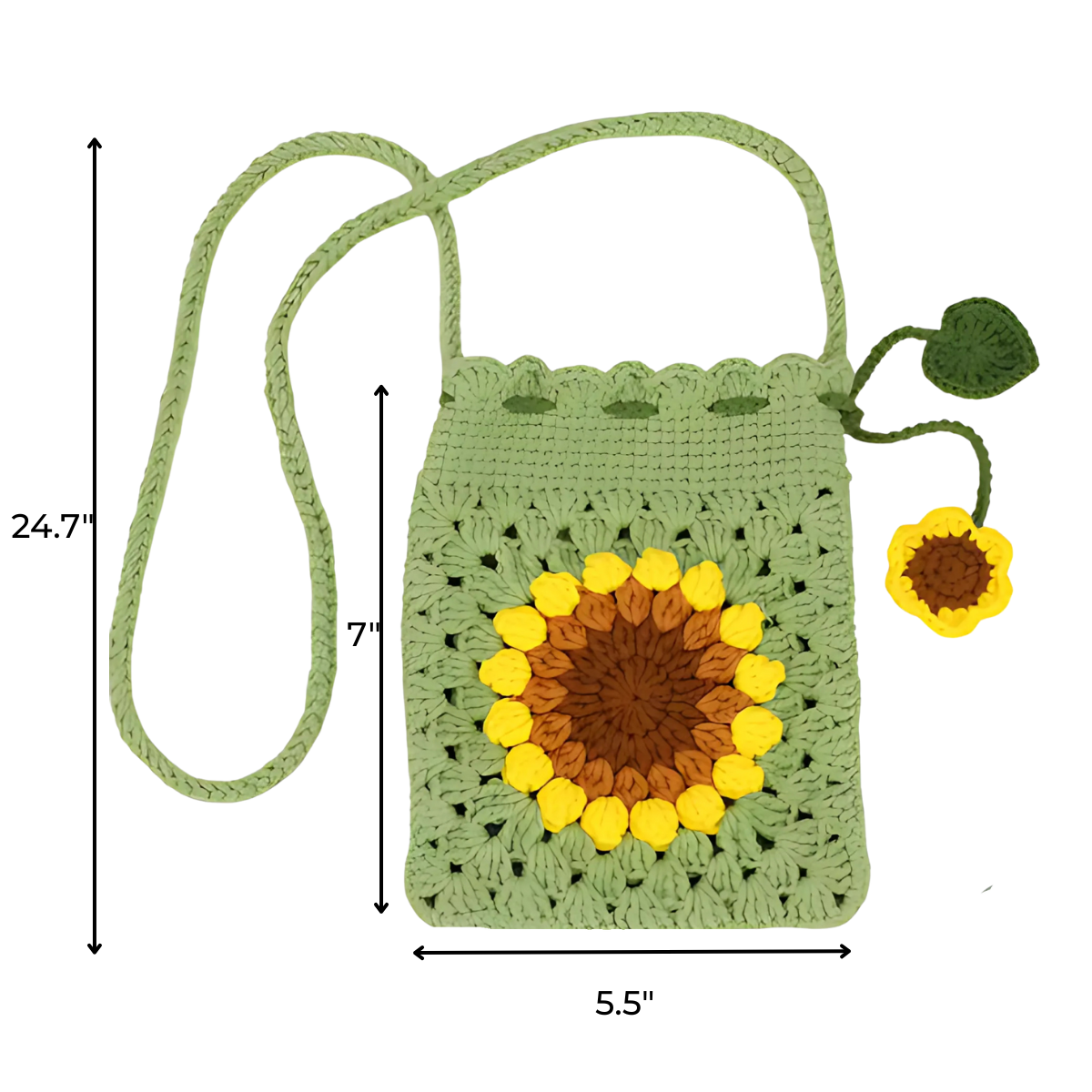 The Crochet Bag Kit includes materials to make a green sunflower bag, 7" tall by 5.5" wide, with a 24.7" strap and a small sunflower charm for added flair.