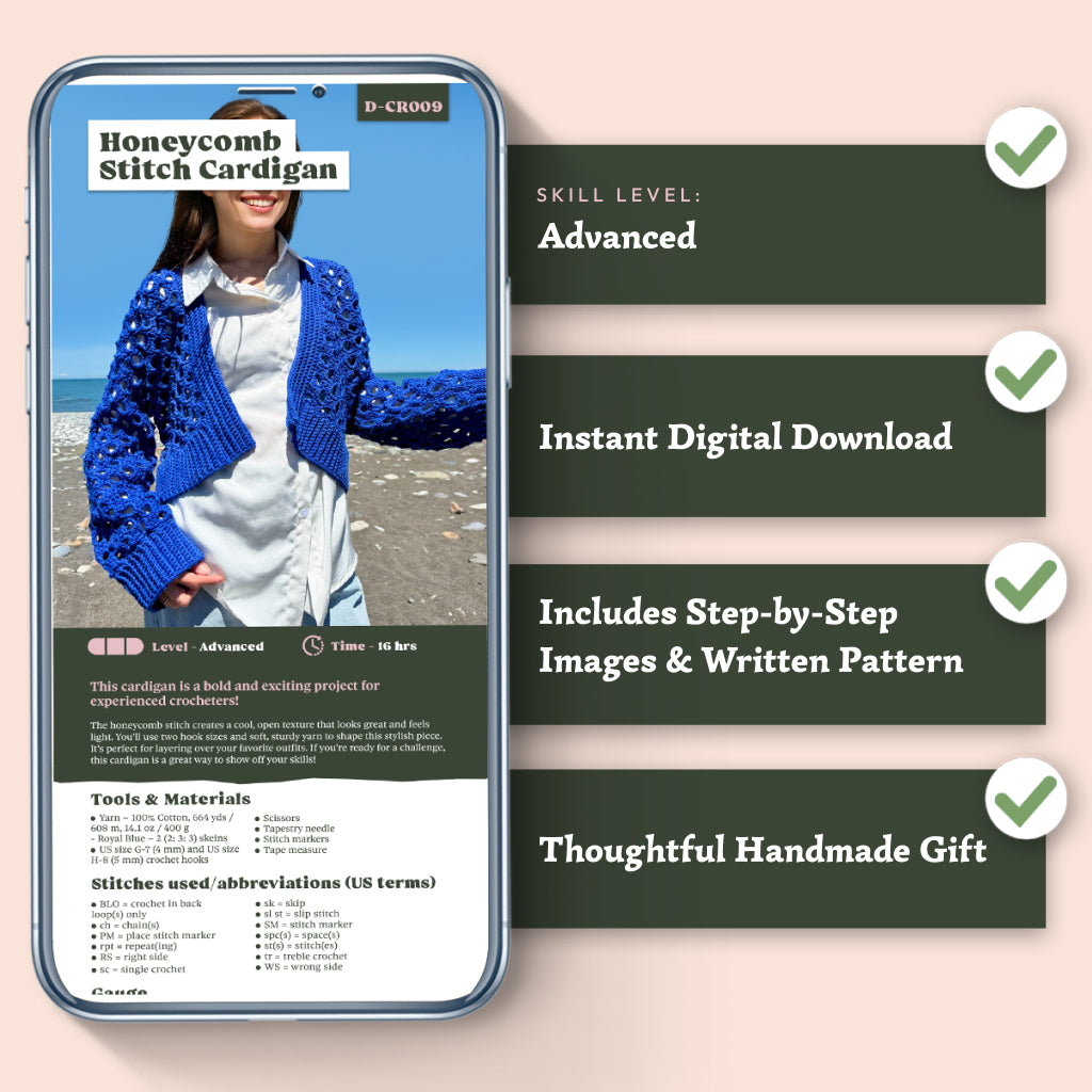 A phone displays an ad for the Honeycomb Stitch Cardigan Crochet Pattern, showing skill level, time, and materials. Features: advanced digital download, step-by-step images, and a great gift idea.