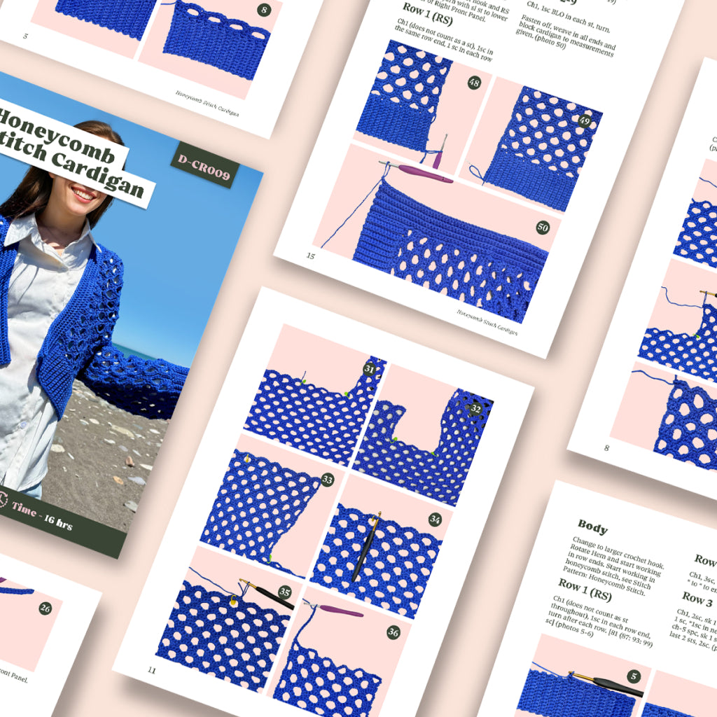 Honeycomb Stitch Cardigan Crochet Pattern: includes step-by-step instructions, diagrams, and model photos for a blue cardigan—perfect for advanced crocheters seeking a stylish new project.