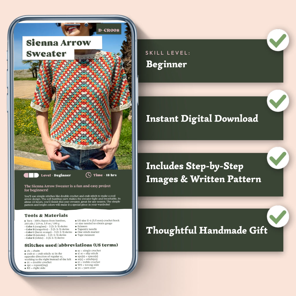 A phone shows the Sienna Arrow Sweater Crochet Pattern, highlighting its skill level, features, and benefits. This stylish design is ideal for bamboo yarn, displayed on a light background.