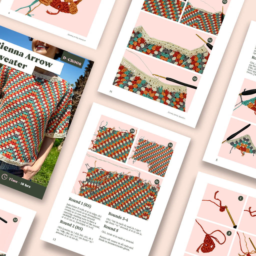 Overhead view of the Sienna Arrow Sweater Crochet Pattern instructions for a colorful bamboo-yarn sweater, with step-by-step photos, diagrams, and a modeled shot of the finished garment.
