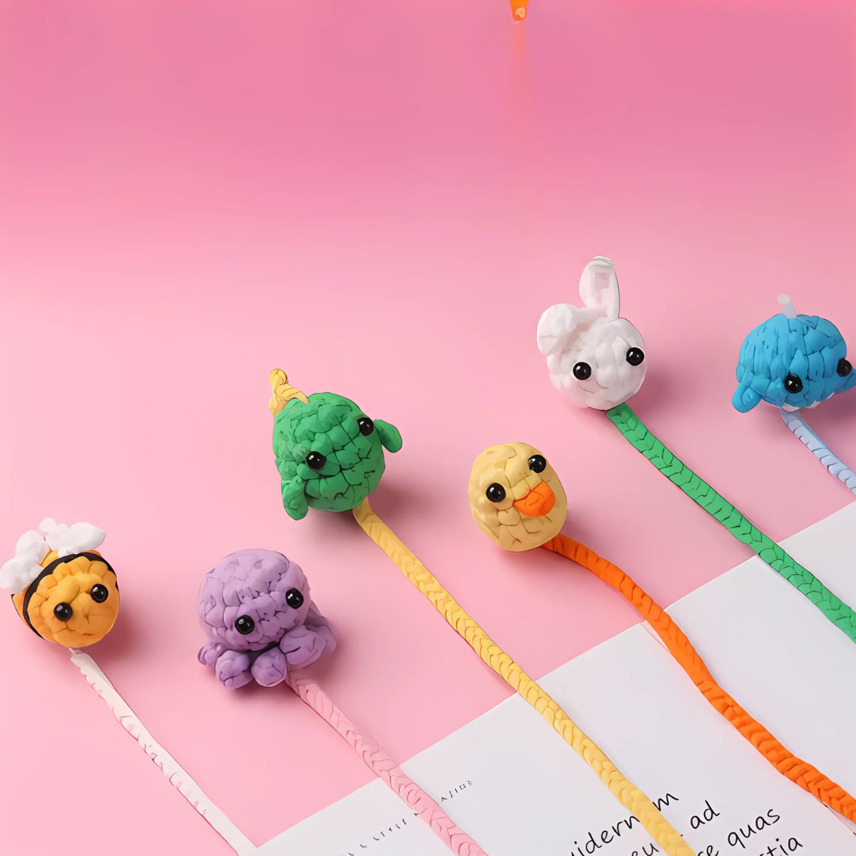 Six vibrant pens with animal tops—a bee, octopus, dinosaur, chick, bunny, and dolphin—are arranged on a pink background beside white paper and the Cute Animal Crochet Bookmark Kit.