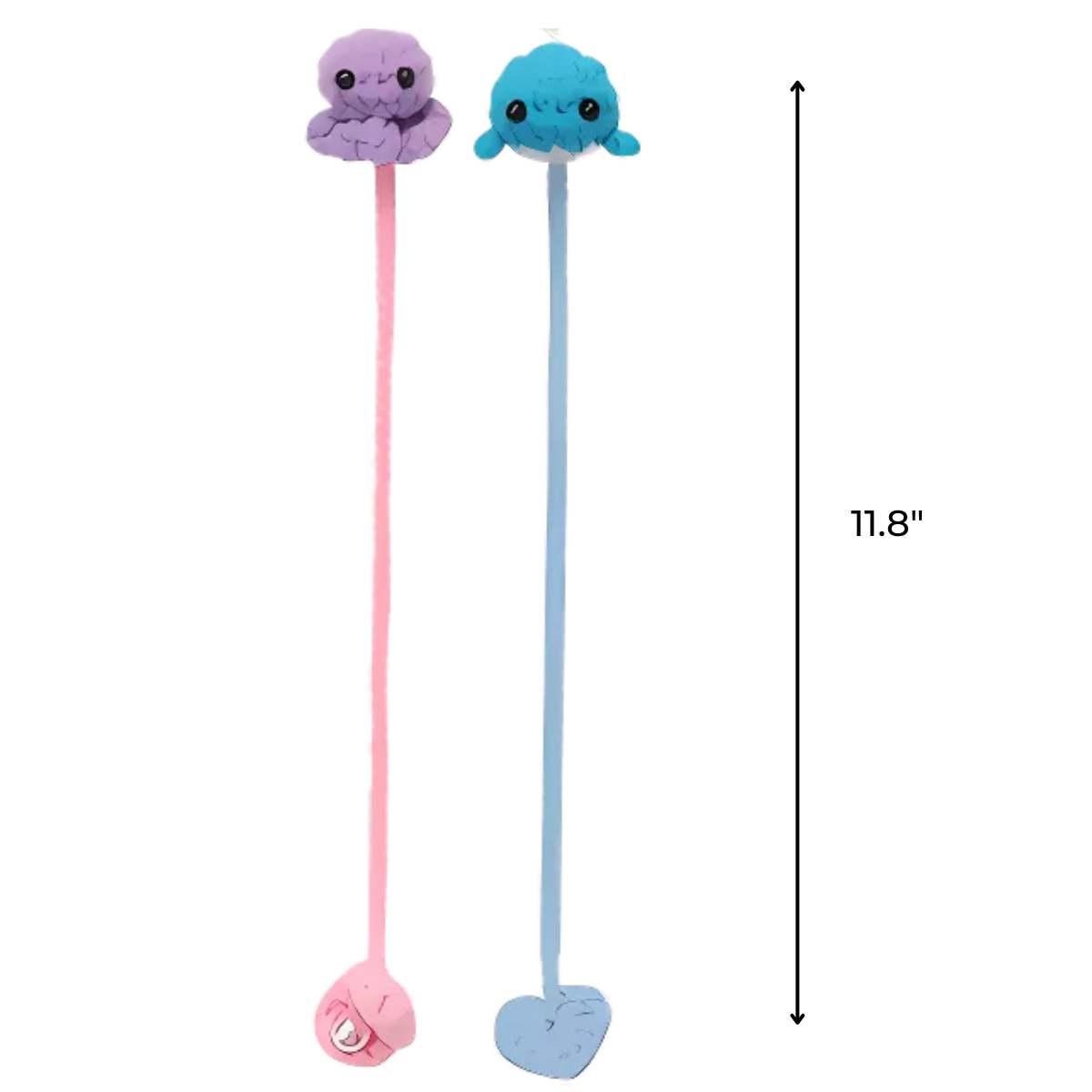The Cute Animal Crochet Bookmark Kit includes two 11.8-inch bookmarks: one pink with a purple octopus and heart, and one blue with a blue seal and heart. Ideal for fans of DIY crochet kits and crochet bookmark kits.