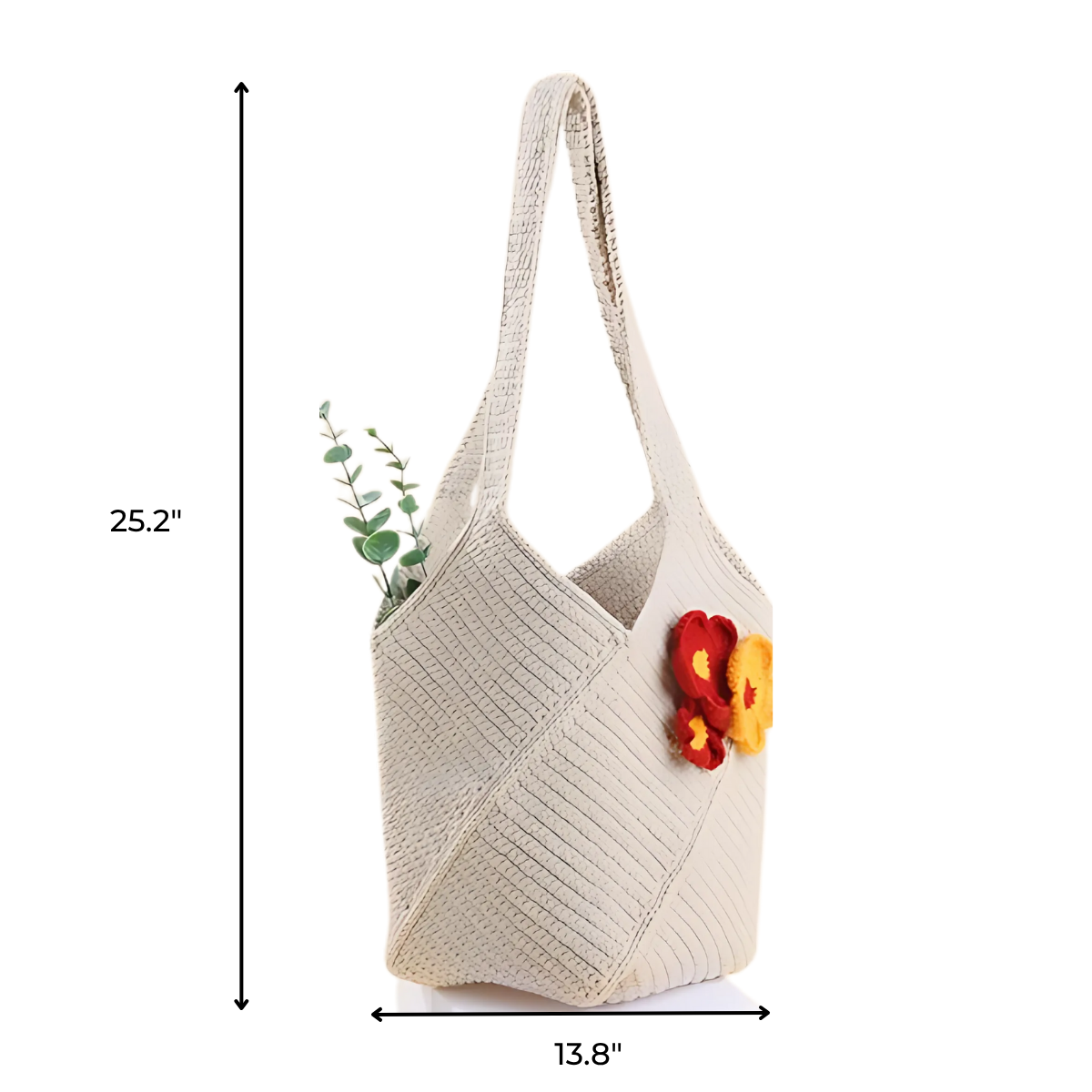 The Bohemian Crochet Tote Bag Kit features a beige woven design, floral details, and greenery, with a 25.2" strap and 13.8" width—crafted from cotton yarn for a perfect handmade feel.