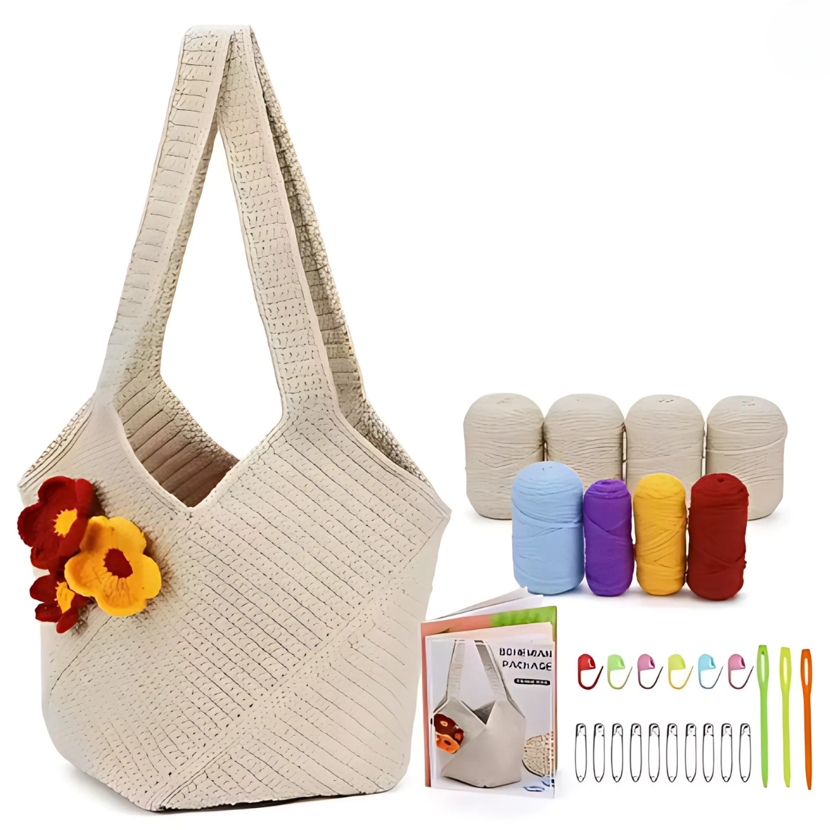 The Bohemian Crochet Tote Bag Kit, displayed on a white background, includes a handmade cotton yarn bag with flower decorations, colorful yarns, crochet hooks, stitch markers, an instruction booklet, and large clips.