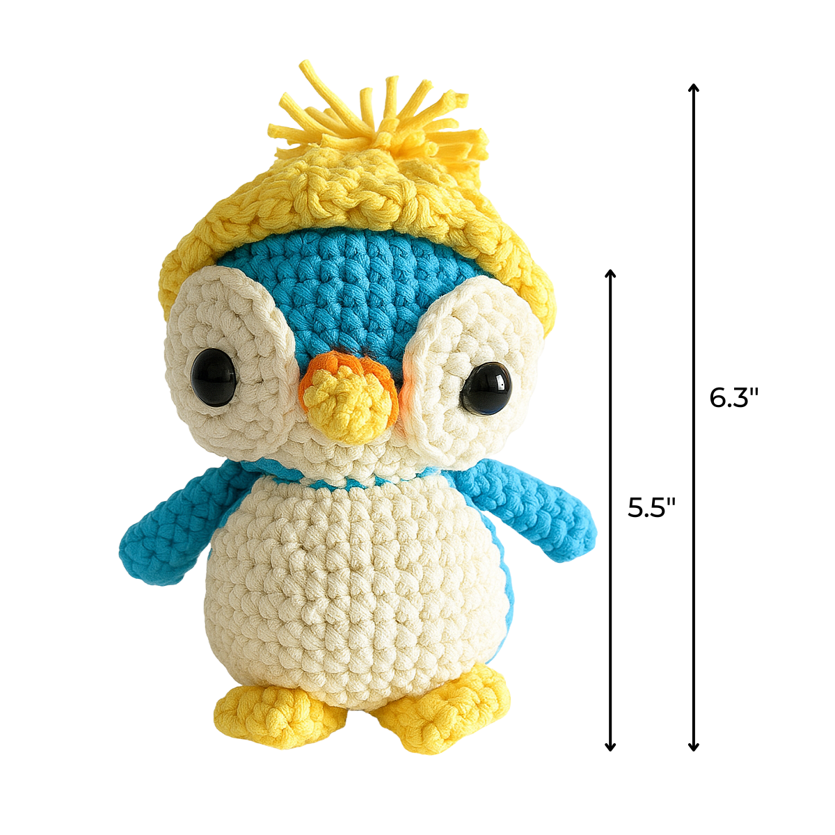 Frosty The Penguin is an intermediate crochet plush toy featuring a yellow hat, blue wings, and an orange beak. Shown with height measurements of 6.3 inches and 5.5 inches.