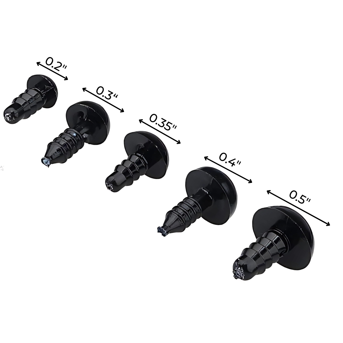 Five black plastic Safety Eyes for DIY are arranged in increasing size from left to right, each labeled with its diameter: 0.2", 0.3", 0.35", 0.4", and 0.5"—ideal for amigurumi or other crochet projects.