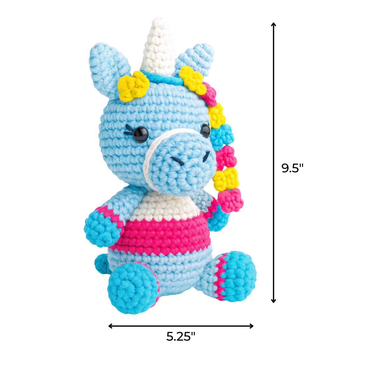 Twinkle the Unicorn Crochet Pattern creates a blue and pink unicorn plush with yellow accents, measuring 9.5" tall by 5.25" wide—perfect for advanced beginner crocheters seeking a charming project.