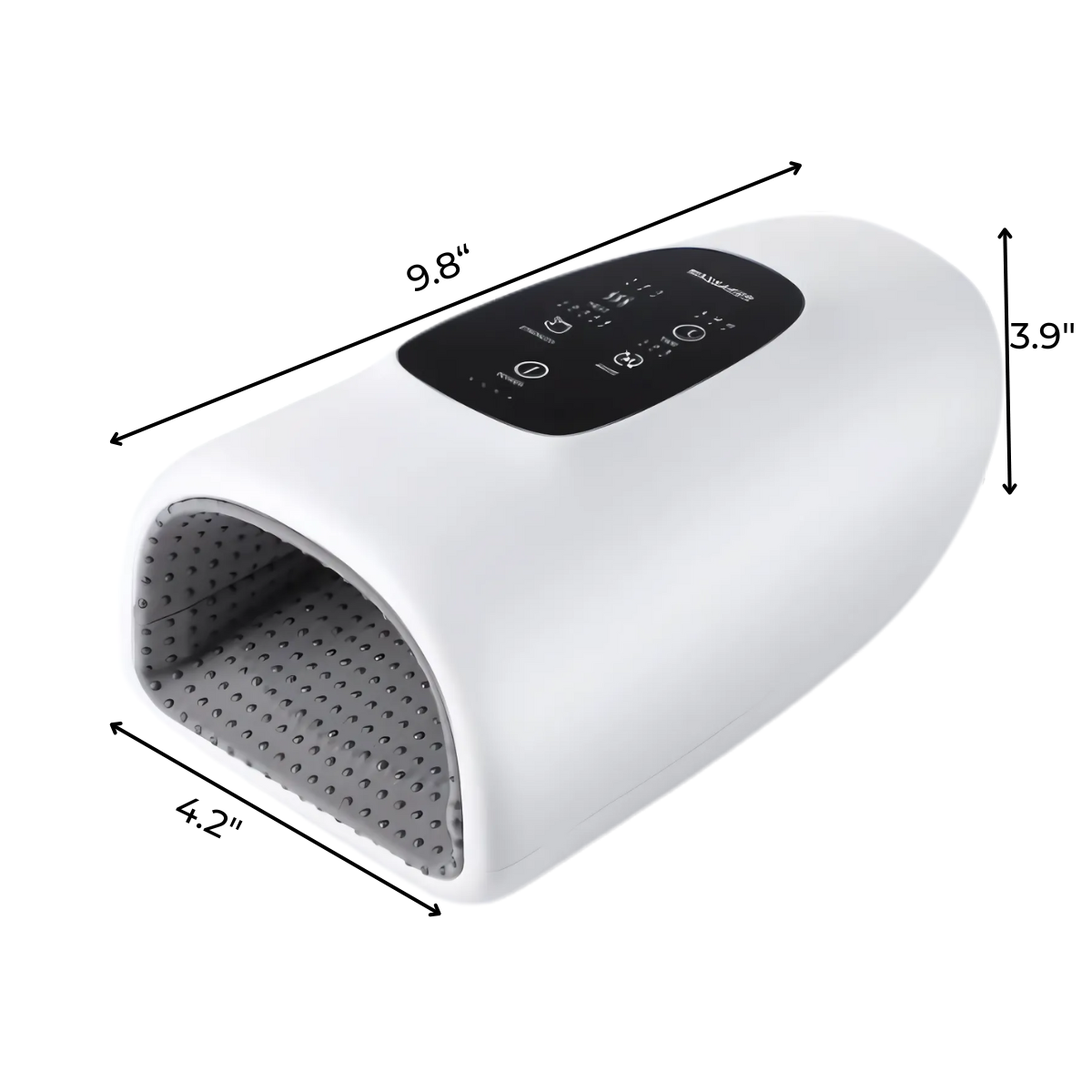 Rechargeable Hand Massager with 5 Modes featuring an ergonomic white design, control panel on top, gray textured interior for hand fatigue relief. Dimensions: 9.8"L x 4.2"W x 3.9"H.