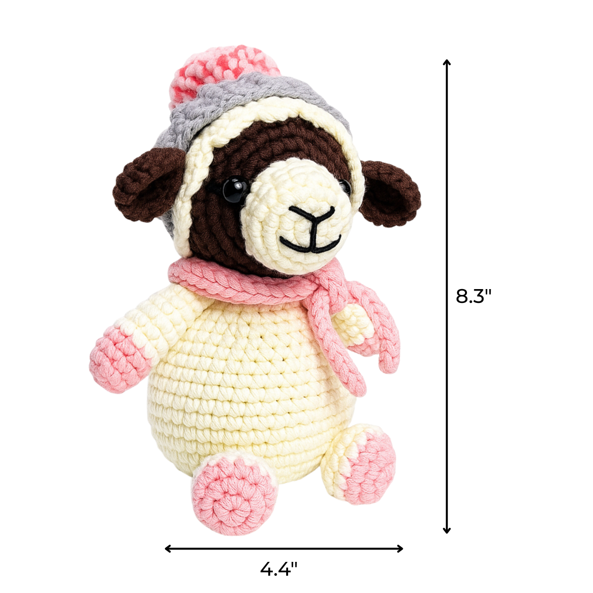 Wooly The Sheep Crochet Pattern lets you create an amigurumi sheep plush with a pink scarf and hat, measuring 8.3 inches tall and 4.4 inches wide.