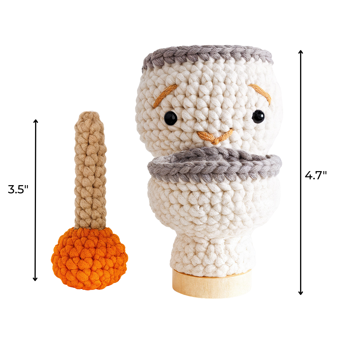 Splashy The Toilet Crochet Pattern includes a 4.7-inch tall smiling toilet amigurumi and a 3.5-inch matching plunger—a quirky crochet gift sure to brighten any bathroom!.