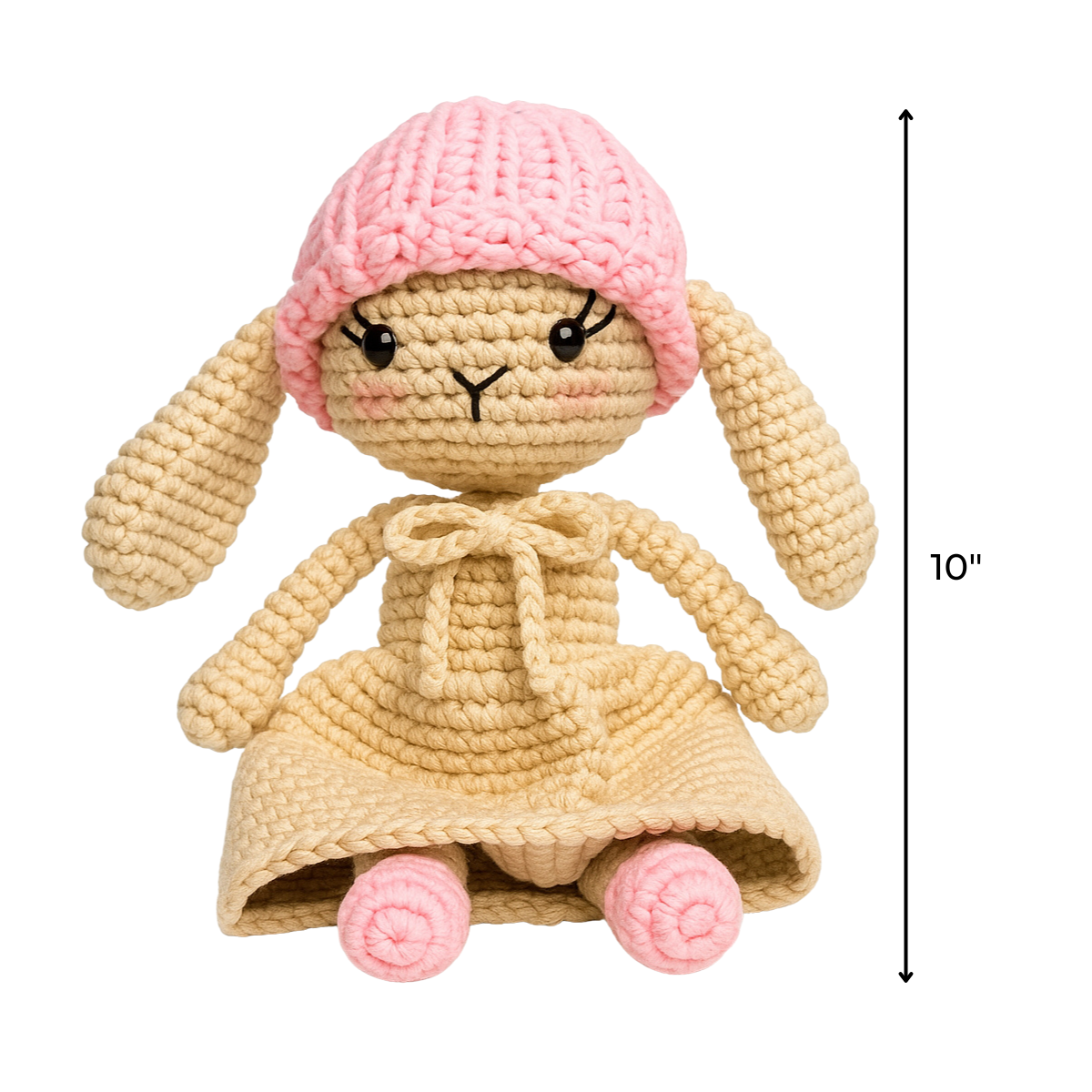 Rosie The Bunny Crochet Pattern creates a 10-inch tall crocheted beige bunny with long ears, a pink knit hat, and dress—perfect for beginners who want an adorable handmade toy using this digital pattern.