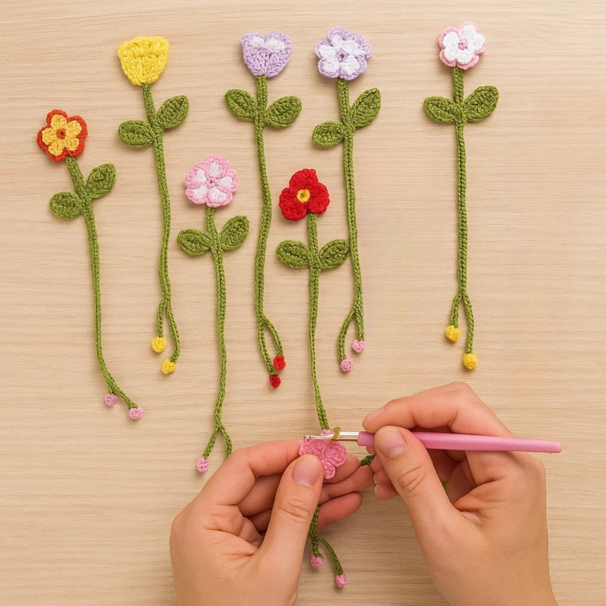 Hands crocheting a pink flower with a hook on a table, surrounded by six colorful flower stems—craft unique bookmarks with the Crochet Flower Bookmark Kit 8pcs, a perfect handmade gift idea for book lovers.