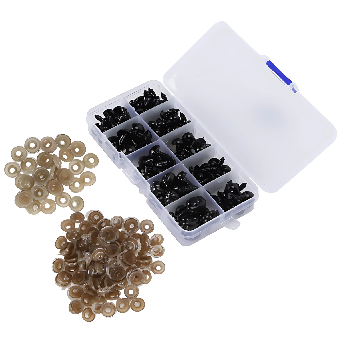 The Safety Eyes for DIY kit, in a plastic organizer with compartments, features black safety eyes ideal for amigurumi or crochet and sits beside brown and tan circular pieces on a white background.