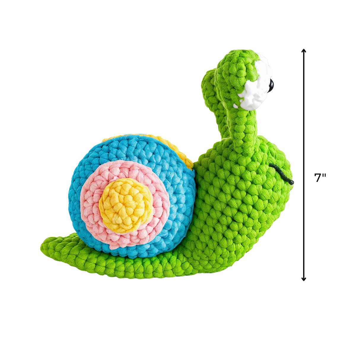 Speedy The Snail Crochet Pattern creates a colorful amigurumi plush with a green body and blue, pink, and yellow shell, measuring 7 inches tall.