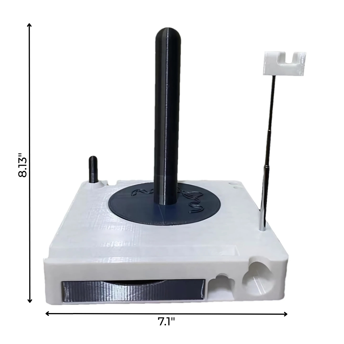 The Spinning Yarn Holder with Tool Storage is a white, rectangular device featuring an 8.13-inch vertical antenna, a side antenna, small flag, 7.1-inch base, and front-facing solar panel—perfect for seamless yarn flow.