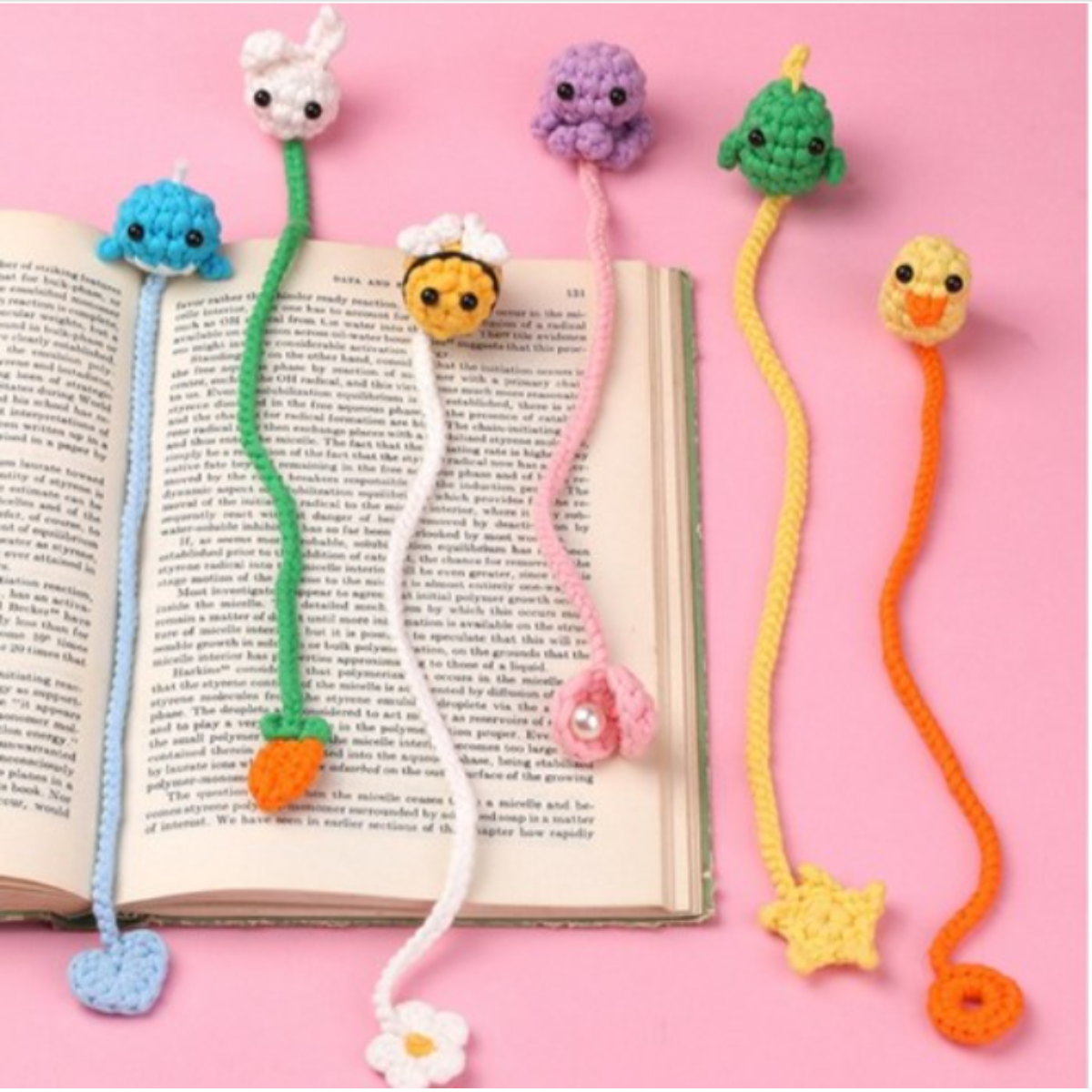 The Cute Animal Crochet Bookmark Kit features six colorful animal bookmarks with playful designs. Each kit includes long tails and fun shapes like a carrot, flower, or star for a creative DIY experience.